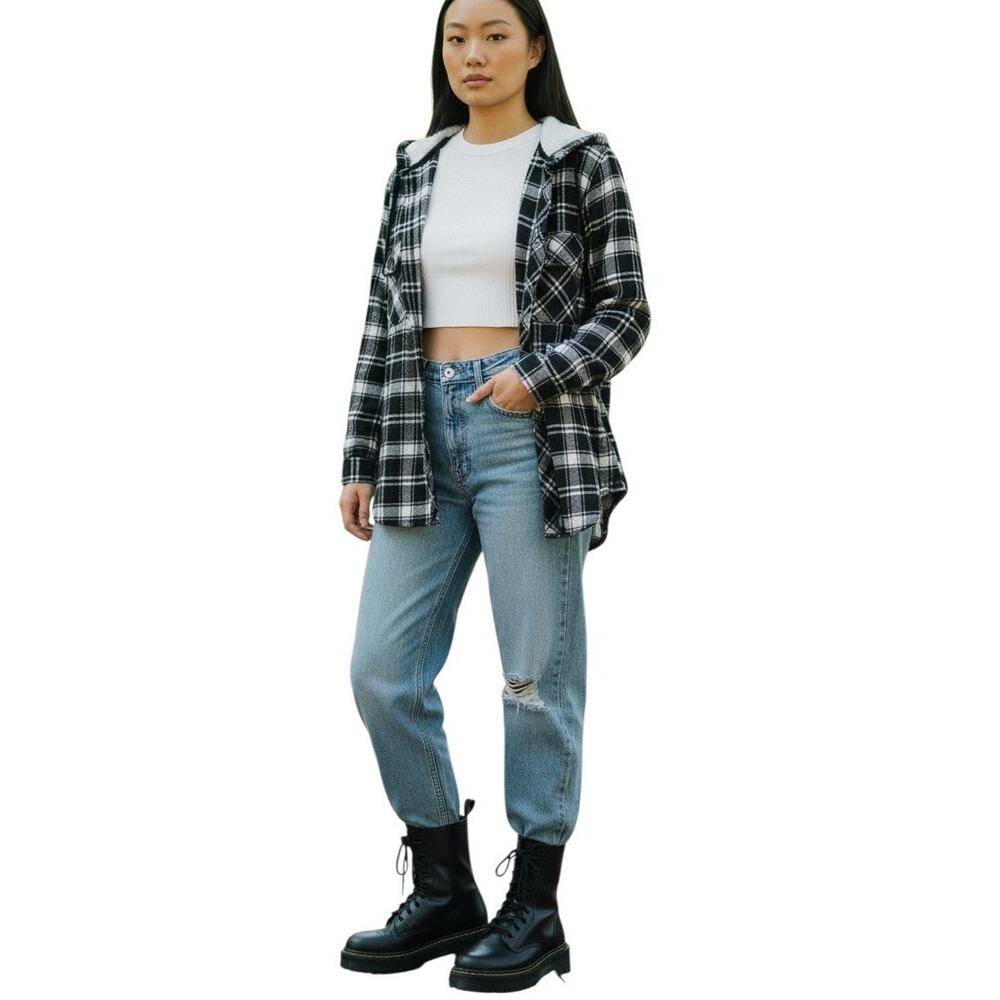 Adam Levine Women's Flannel  Hooded Top, Black, White Gray, Sz XL  New